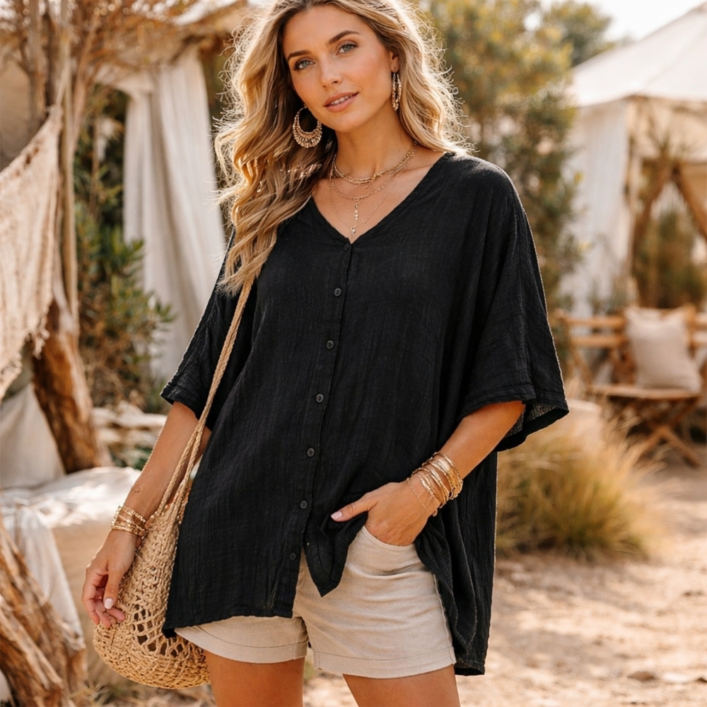 Good Earth 100% Rayon Gauze Oversized Black Boho Tunic Top Button Lagenlook